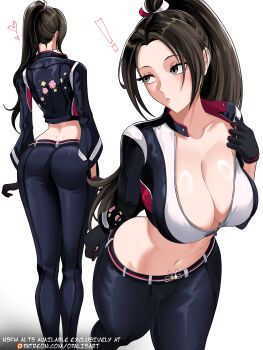 ! 1girl absurdres artist_name ass black_gloves black_hair black_jacket black_pants breasts cleavage collarbone crop_top cropped_jacket curious english_text fatal_fury fatal_fury:_city_of_the_wolves gloves grey_eyes heart high_ponytail highres jacket large_breasts midriff multiple_views navel official_alternate_costume opalis pants patreon_logo patreon_username ponytail shiranui_mai stomach street_fighter street_fighter_6 tight_clothes tight_pants watermark web_address