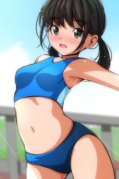 1girl black_hair blue_buruma blue_sports_bra blush breasts brown_eyes buruma cloud collarbone grass light_rays looking_at_viewer low_twintails matsunaga_kouyou navel open_mouth original railing short_hair sky small_breasts smile sports_bikini sports_bra standing sunbeam sunlight teeth twintails
