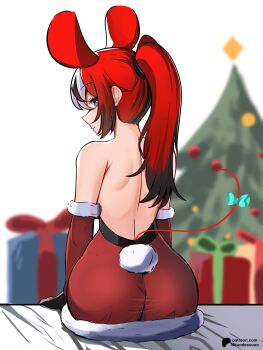 1girl absurdres alternate_costume animal_ears ass bed_sheet black_gloves black_hair black_streaks blue_eyes bow box christmas christmas_ornaments christmas_present christmas_tree commentary double-parted_bangs dress fake_tail fur-trimmed_sleeves fur_trim gift gift_box gloves hair_between_eyes hair_tie hakos_baelz highres hololive hololive_english looking_at_viewer mouse_ears mouse_tail multicolored_hair on_bed panpanmc4 ponytail rabbit_tail red_hair santa_costume santa_dress sitting tail tail_bow tail_ornament tight_clothes tight_dress virtual_youtuber white_background white_hair