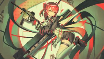 1girl absurdres arknights black_gloves black_shorts commentary exusiai_(arknights) exusiai_the_new_covenant_(arknights) gloves gun halo highres holding holding_gun holding_weapon kriss_vector looking_at_viewer mikkan one_side_up open_mouth red_eyes red_hair shirt shorts solo spotlight submachine_gun three-quarter_sleeves weapon white_background white_shirt