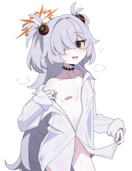 1girl areola_slip bandaid bandaids_on_nipples blue_archive blush breasts brown_eyes brown_halo collared_shirt dress_shirt grey_hair groin hair_intakes hair_ornament hair_over_one_eye halo highres kanoe_(blue_archive) loli long_hair long_sleeves looking_at_viewer naked_shirt nyaru_(nyaru_4126) open_mouth pasties shirt simple_background sleeves_past_wrists small_breasts smile solo two_side_up very_long_hair white_background white_shirt