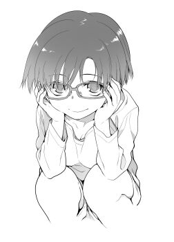1girl adjusting_eyewear breasts cleavage closed_mouth collarbone commentary_request feet_out_of_frame glasses greyscale hands_up highres long_sleeves looking_at_viewer medium_breasts midori_no_ruupe monochrome original shirt short_hair shorts simple_background sketch smile solo squatting
