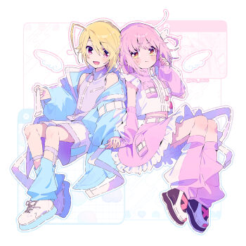 1boy 1girl ahoge alternate_costume angel_wings arm_belt bare_shoulders belt belt_buckle bird blonde_hair blue_jacket blue_leg_warmers buckle cartoon_wings commentary_request detached_wings dove eyes_visible_through_hair frilled_skirt frills full_body furrowed_brow grey_shirt hair_between_eyes hair_ornament happy hetero high-waist_skirt hinamori_amu holding holding_belt holding_hands hotori_tadase jacket leg_belt leg_warmers long_hair long_sleeves looking_at_another midriff mini_wings miniskirt multiple_belts navel one_side_up open_clothes open_jacket open_mouth outline pink_arm_warmers pink_eyes pink_hair pink_leg_warmers pink_shirt pink_skirt pocket puffy_long_sleeves puffy_sleeves purple_belt ribbed_socks serizawa_serizane shirt shoes short_hair shorts shugo_chara! sitting skirt sleeveless sleeveless_shirt smile sneakers socks sweat tenshi_kaiwai tsundere turtleneck turtleneck_shirt twitter_username two-tone_shirt white_background white_belt white_outline white_shirt white_shoes white_shorts white_wings window_(computing) wing_hair_ornament wings yellow_eyes zipper zipper_pull_tab