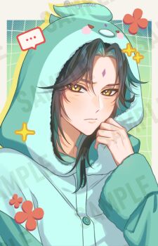... 1boy aqua_hood black_hair closed_mouth commentary english_commentary facial_mark forehead_mark genshin_impact green_hair haryu_chee hood hood_up long_sleeves looking_at_viewer male_focus multicolored_hair short_hair short_hair_with_long_locks simple_background solo xiao_(bird)_(genshin_impact) xiao_(genshin_impact) yellow_eyes