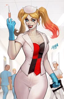 Rule 34 | 2boys, 2girls, alternate costume, batman (series), black shoes, blonde hair, blue eyes, blue gloves, dark-skinned male, dark skin, david nakayama, dc comics, gloves, harley quinn, hat, heart on cheek, highres, holding, holding syringe, jacket, multiple boys, multiple girls, nurse cap, open clothes, open jacket, pale skin, pants, red shirt, saw, shirt, shoes, short twintails, solo focus, syringe, tongue, tongue out, twintails, two-tone shirt, white jacket, white pants