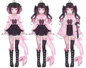 1boy animal_ears arm_cutout belt black_belt black_footwear black_skirt blush boots clothing_cutout commentary dog_ears english_commentary fins fish_tail fishnet_legwear fishnets fur_trim indie_virtual_youtuber jacket kakyoxx male_focus moenaomii official_art pink_jacket shark_tail sharp_teeth single_thighhigh skirt smile tail teeth thighhighs trap two_side_up variations virtual_youtuber