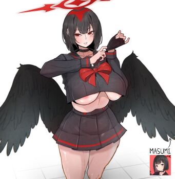 1girl areola_slip black_gloves black_hair black_sailor_collar black_shirt black_skirt black_wings blue_archive blunt_bangs blush bow bowtie breasts commentary cosplay curvy feathered_wings fingerless_gloves gloves halo hasumi_(blue_archive) highres large_breasts looking_at_viewer low_wings mashiro_(blue_archive) mashiro_(blue_archive)_(cosplay) midriff mole mole_under_eye nikrop no_bra parted_lips red_bow red_bowtie red_eyes red_halo sailor_collar shirt short_hair single_glove skirt solo thighs underboob wings