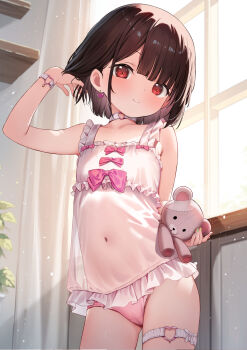 1girl bare_shoulders blush breasts brown_hair camisole choker commentary_request covered_navel earrings highres jewelry loli looking_at_viewer original panties pink_panties red_eyes short_hair smile solo stuffed_animal stuffed_toy teddy_bear thighs underwear white_camisole yan_(nicknikg)