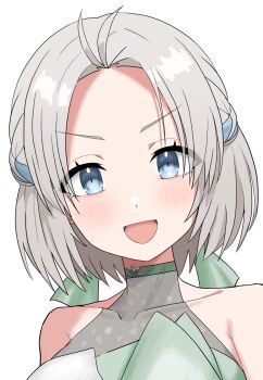 1girl bare_shoulders blue_eyes braid collarbone commentary forehead gakuen_idolmaster grey_hair halulu highres idol_clothes idolmaster katsuragi_lilja looking_at_viewer open_mouth portrait short_hair simple_background sleeveless smile solo tareme v-shaped_eyebrows white_background