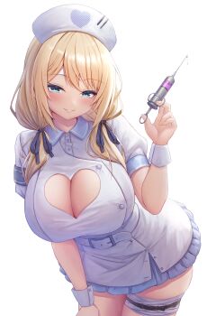 1girl absurdres belt belt_buckle blonde_hair blue_eyes blush breasts buckle buttons cleavage cleavage_cutout clothing_cutout collared_dress commentary_request cowboy_shot dress hand_up hat heart heart_cutout heart_print highres holding holding_syringe large_breasts long_hair looking_at_viewer manase_yua nurse nurse_cap parted_bangs parted_lips print_hat project_blue_(vtuber) short_sleeves simple_background skindentation smile solo syringe tanu_(ace_ikachan) thigh_strap transparent_background virtual_youtuber white_belt white_dress white_hat white_wrist_cuffs wrist_cuffs