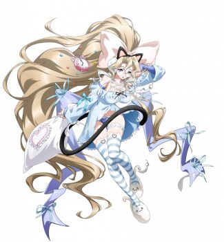 1girl absurdly_long_hair alarm_clock animal_ears animal_slippers bare_shoulders black_hairband blonde_hair blue_nightgown blue_panties blue_ribbon blue_shawl blue_sleeves blue_thighhighs breasts cat_ears cat_slippers cat_tail cleavage clock detached_sleeves earmuffs fake_animal_ears feathers floating_clothes frilled_thigh_strap frills full_body fuzzy_footwear game_cg glasses hair_between_eyes hair_ornament hairband heart heart-shaped_ornament holding langrisser langrisser_mobile large_breasts large_ribbon leg_up long_hair long_sidelocks long_sleeves looking_at_viewer looking_over_eyewear multicolored_thighhighs nightgown official_alternate_costume official_art open_mouth oversized_object pajamas panties pantyshot pillow pink_ribbon ponytail purple_eyes randele_(langrisser) ribbon rimless_eyewear rubbing_eyes shawl sidelocks simple_background sleepy sleeves_past_wrists slippers solo standing standing_on_one_leg star_(symbol) star_hair_ornament striped_clothes striped_thighhighs tachi-e tail thigh_strap thighhighs third-party_source transparent_background underwear very_long_hair waking_up white_slippers white_thighhighs
