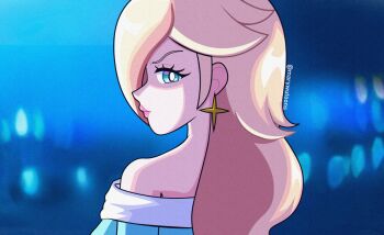 Rule 34 | 1girl, blonde hair, blue dress, blue eyes, blurry, blurry background, closed mouth, commentary request, dress, earrings, eyelashes, highres, jewelry, long hair, looking at viewer, mario (series), marywutoons, nintendo, off-shoulder dress, off shoulder, rosalina, solo, spanish commentary, star (symbol), star earrings, the super mario galaxy movie, twitter username, upper body