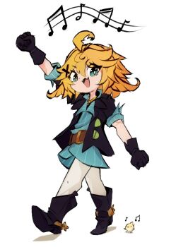 1girl ahoge belt black_boots black_gloves black_jacket blonde_hair blue_eyes blue_shirt boots bright_pupils collared_shirt commentary cowboy_boots deformed dokibird dokibird_(bounty_hunter) double-parted_bangs dragoon english_commentary fang feather_hair flat_chest gloves hair_between_eyes hair_ornament hair_wings highres indie_virtual_youtuber jacket looking_at_viewer medium_hair musical_note neckerchief open_mouth pants pinstripe_pattern pinstripe_shirt scar scar_on_arm shirt simple_background sleeves_rolled_up solo spiked_hair spurs troubleshooter_bun virtual_youtuber white_background white_pants white_pupils wide_belt x_hair_ornament yellow_neckerchief