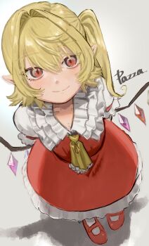 1girl arms_behind_back artist_name ascot blonde_hair collared_shirt commentary crystal crystal_wings flandre_scarlet frilled_shirt_collar frilled_skirt frills highres looking_at_viewer mary_janes multicolored_wings no_headwear one_side_up petarikooo pointy_ears red_eyes red_shoes red_skirt red_vest shirt shoes skirt skirt_set solo touhou vest white_shirt wings yellow_ascot