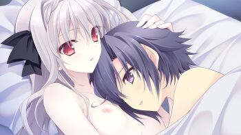 1boy 1girl androgynous bed_sheet black_hair bow breasts couple game_cg grey_hair hair_bow hetero kokura_asahi long_hair lying nipples non-web_source nude ookura_yuusei open_mouth purple_eyes red_eyes ribbon sakurakouji_luna small_breasts suzuhira_hiro tsuki_ni_yorisou_otome_no_sahou under_covers