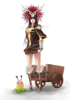 1girl absurdres animal_skull arkuny blunt_bangs boots breasts brown_boots brown_cape brown_dress brown_hair cape cleavage closed_mouth commentary commission creator_(ragnarok_online) dress english_commentary frown full_body fur-trimmed_boots fur_trim gloves highres long_hair looking_at_viewer medium_breasts navel plunging_neckline pullcart ragnarok_online short_dress simple_background skull_on_head slime_(creature) solo strapless strapless_dress v-shaped_eyebrows vanilmirth_(ragnarok_online) vial white_background white_gloves