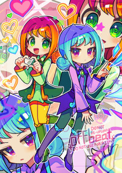 Rule 34 | 2girls, ally (puyopuyo), artist name, blush, closed mouth, collared shirt, commentary request, four-finger heart hands, green eyes, green shirt, hair intakes, heart, heart hands, high heels, index finger raised, long sleeves, looking at viewer, medium hair, multiple girls, offbeat, open mouth, parted lips, purple shirt, purple shoes, puyopuyo, rafisol (puyopuyo), red hair, shirt, shoes, smile