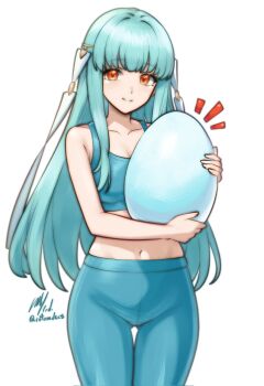 1girl aqua_hair artist_name breasts clean egg fire_emblem fire_emblem:_the_blazing_blade hair_ornament highres holding holding_egg long_hair looking_at_viewer medium_breasts ninian_(fire_emblem) nintendo notice_lines pants red_eyes rotomdocs simple_background smile solo sports_bra sweatpants tassel tassel_hair_ornament very_long_hair white_background