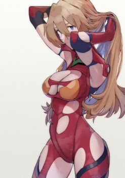 1girl adjusting_hair aged_up arms_up blue_eyes bodysuit breasts commentary_request evangelion:_3.0+1.0_thrice_upon_a_time highres large_breasts long_hair looking_at_viewer mecha_pilot_suit neon_genesis_evangelion orange_hair plugsuit_(evangelion) rebuild_of_evangelion red_bodysuit simple_background smile solo souryuu_asuka_langley torn_bodysuit torn_clothes white_background yagisawa_teru