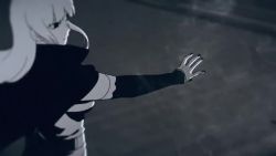 1girl animated breasts center_opening choker cleavage cloak detached_sleeves dress expressionless fog from_above greyscale holding holding_scythe hololive hololive_english large_breasts long_hair mazumaro monochrome mori_calliope mori_calliope_(1st_costume) nail_polish scythe solo spikes spinning spinning_weapon tiara torn_clothes upper_body video virtual_youtuber wind