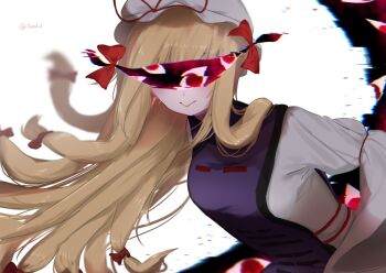Rule 34 | 1girl, :>, blonde hair, blush, closed mouth, commentary, covered eyes, dress, floating hair, gap (touhou), hair over shoulder, hair ribbon, hashtag-only commentary, hat, ilvsn6 6, long hair, long sleeves, looking at viewer, mob cap, purple tabard, ribbon, smile, solo, symbol-only commentary, tabard, touhou, twitter username, upper body, white background, white dress, yakumo yukari