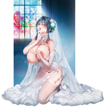 1girl bare_shoulders blush breasts bridal_gauntlets bridal_veil comic_kairakuten_beast commentary_request cum cum_on_body cum_on_hair dress facial full_body garter_straps highres huge_breasts kneeling looking_at_viewer nipples open_mouth original pyon-kichi solo thighhighs thighs veil wedding_dress white_dress white_garter_straps white_thighhighs