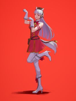 1girl animal_ears armband blunt_bangs boots bow bowtie breasts brown_hat commentary_request daiasouken_(dri) dress ear_bow ear_ribbon full_body gloves gold_ship_(red_strife)_(umamusume) gold_ship_(umamusume) grey_hair hat highres horse_ears horse_girl horse_pose horse_tail long_hair looking_at_viewer medium_breasts pantyhose parted_lips pillbox_hat pouch purple_eyes red_background red_bow red_bowtie red_dress sleeveless sleeveless_dress smile solo standing standing_on_one_leg striped_armband striped_clothes tail thigh_pouch umamusume white_boots white_gloves white_pantyhose