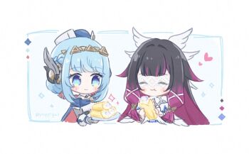 Rule 34 | 2girls, :t, black hair, blue eyes, blue hair, blush, blush stickers, braid, cape, chibi, chibi only, closed eyes, closed mouth, columbina (genshin impact), commentary request, dress, eating, eye mask, food, genshin impact, gold hairband, hair ribbon, hairband, head wings, heart, holding, holding food, holding plate, ineffa (genshin impact), long hair, mask, multicolored hair, multiple girls, pigumon, plate, purple hair, ribbon, robot ears, sidelocks, smile, twitter username, two-tone hair, upper body, white background, white dress, white ribbon, wings