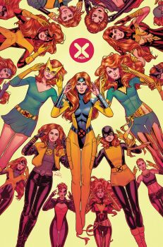 Rule 34 | 1girl, black bodysuit, black gloves, black jacket, black pants, bodysuit, boots, breasts, character logo, choker, cleavage, comic cover, commentary, copyright logo, copyright name, crop top, dark persona, dress, earrings, elbow gloves, english commentary, full body, gloves, green bodysuit, green dress, green eyes, hair bun, hair pulled back, highres, hoop earrings, jacket, jean grey, jewelry, linea alba, logo, long hair, looking at viewer, marvel, midriff, mole, mole above mouth, multicolored bodysuit, multicolored jacket, multiple persona, navel, official alternate costume, official art, orange hair, pants, phoenix (x-men), pixie cut, red bodysuit, russell dauterman, sash, shirt, short hair, spiked choker, spikes, striped clothes, striped shirt, superhero costume, thigh boots, x-men, yellow background, yellow bodysuit, yellow boots, yellow gloves, yellow jacket, yellow mask, yellow sash