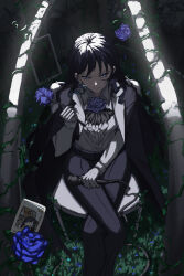 Rule 34 | 1girl, ado (utaite), black bow, black bowtie, black coat, black hair, black pants, blue eyes, blue flower, blue rose, bow, bowtie, chando (ado), closed mouth, cloud nine inc, coat, coat on shoulders, collared shirt, crossed legs, empty picture frame, feet out of frame, flower, gloves, highres, holding, holding microphone, kaze (user znss3874), long hair, long sleeves, microphone, night, on chair, overgrown, pants, photo (object), picture frame, plant, rose, shirt, sitting, smile, solo, spotlight, v, vines, white gloves, white shirt, wish (ado)