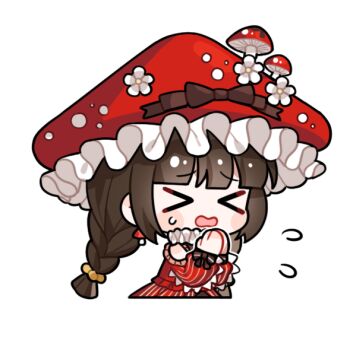 &gt;_&lt; 1girl artist_request bare_shoulders beads black_bow blunt_bangs blunt_ends blush_stickers bow braid brown_bow brown_hair chibi clothing_cutout cropped_torso dress flower flying_sweatdrops frilled_headwear glimmering_forest_(infinity_nikki) hair_beads hair_ornament hat hat_bow hat_flower hat_ornament infinity_nikki lace-trimmed_sleeves lace_trim long_hair long_sleeves low_twin_braids mushroom mushroom_hat mushroom_hat_ornament neck_ruff nervous nikki_(series) official_art open_mouth own_hands_together puffy_long_sleeves puffy_sleeves raised_inner_eyebrows red_dress red_hat shoulder_cutout single_stripe sleeve_bow solo striped_bow striped_clothes striped_dress sweatdrop transparent_background twin_braids vertical-striped_clothes vertical-striped_dress very_long_hair wavy_mouth white_flower