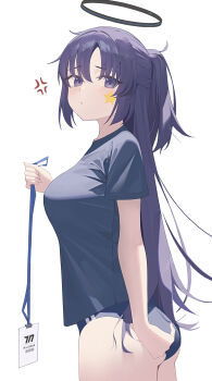 1girl absurdres anger_vein blue_archive blue_hair blush breasts closed_mouth commentary cowboy_shot frown halo highres holding holding_string lan001 large_breasts long_hair looking_at_viewer mechanical_halo short_sleeves simple_background solo star_(symbol) star_sticker sticker sticker_on_face string two_side_up white_background yuuka_(blue_archive) yuuka_(track)_(blue_archive)