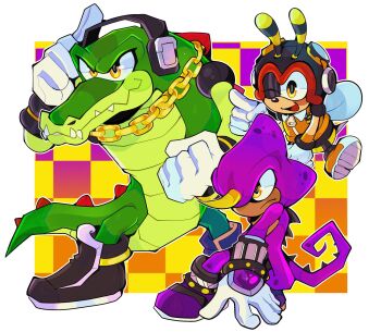 3boys bee_wings black_boots boots chain chameleon_boy chameleon_tail charmy_bee colored_skin crocodilian_tail espio_the_chameleon furry gloves goggles goggles_on_headwear gold_chain headphones highres infinithiez insect_wings multiple_boys one_eye_closed purple_boots purple_skin sonic_(series) tail vector_the_crocodile white_gloves wings yellow_eyes