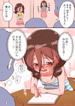 1girl 2boys blush breasts brown_eyes brown_hair comic downblouse ear_blush freckles glasses hair_between_eyes highres homework layered_skirt loli long_hair_between_eyes low_twintails mechanical_pencil multiple_boys muu_rian nipple_slip nipples original pencil pink_skirt short_twintails skirt small_breasts speech_bubble sweat sweatdrop table twintails twitter_username wide-eyed writing