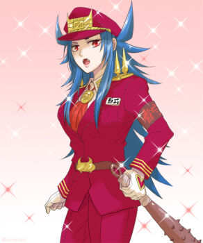 Rule 34 | 1girl, armband, belt, blue hair, breasts, club, club (weapon), cowboy shot, fangs, female focus, formal clothes, gloves, gradient background, hat, heart, hyakushiki momoko, large breasts, long hair, looking at viewer, medallion, nanbaka, open mouth, pink background, red eyes, sidelocks, simple background, solo, sparkle, spiked club, spiked hair, spikes, suit, weapon, white background