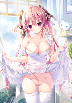 1girl apron apron_lift areola_slip black_bow blurry blurry_background blush bow breasts cat cleavage closed_mouth clothes_lift collarbone commentary_request curtains day depth_of_field female_focus frilled_apron frills gluteal_fold groin hair_between_eyes hair_bow hair_censor highres indoors lifting_own_clothes long_hair looking_at_viewer maid_apron medium_breasts naked_apron open_window original petals pink_hair purple_eyes shiwasu_horio skindentation solo striped_bow thigh_gap thighhighs transparent twintails very_long_hair white_apron white_thighhighs window