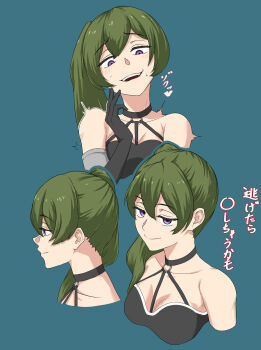 1girl absurdres black_gloves blush elbow_gloves gloves green_hair highres looking_at_viewer looking_down multiple_views purple_eyes shiizuu_(multi_mirror) side_ponytail smile solo sousou_no_frieren sweat ubel_(sousou_no_frieren)