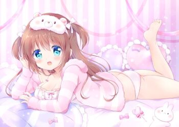 1girl blue_eyes blush bow breasts brown_hair butt_crack chiika_(cure_cherish) cleavage hair_bow long_hair looking_at_viewer lying medium_breasts on_stomach open_mouth original pink_bow simple_background smile solo twintails underwear yume_kawaii