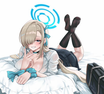 1girl asuna_(blue_archive) asuna_(school_uniform)_(blue_archive) bag black_socks blonde_hair blue_archive blue_bow blue_bowtie blue_eyes blue_halo blue_skirt blush bow bowtie breasts choker cleavage collarbone commentary_request grin hair_over_one_eye hair_ribbon halo highres large_breasts long_hair looking_at_viewer lying official_alternate_costume on_bed on_stomach pillow ribbon school_bag school_uniform scrunchie shangdi_de_fa_zhang shirt skirt sleeves_rolled_up smile socks solo the_pose thighs unworn_bowtie v very_long_hair white_shirt wrist_scrunchie
