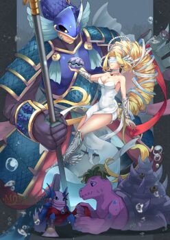 1boy 1girl armor bare_shoulders blindfold blonde_hair blue_armor blue_helmet breasts cleavage digimon digimon_(creature) digimon_story:_time_stranger dress evolutionary_line feathered_wings full_body hangyomon head_wings helmet highres large_breasts long_hair merman mitsukiven monster_boy neptunemon polearm shell shellmon strapless strapless_dress underwater venusmon very_long_hair weapon white_dress wings