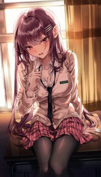 1girl absurdres backlighting black_necktie black_pantyhose blush breasts brown_hair cardigan classroom cleavage collarbone commentary_request cowboy_shot curtains desk embarrassed hair_intakes hair_ornament hairclip highres jjuha6 long_hair looking_at_viewer loose_necktie medium_breasts name_tag necktie on_desk open_collar original pantyhose pink_nails plaid_clothes plaid_skirt red_eyes red_skirt school_uniform sitting skirt solo straight_hair sunlight sunset wavy_mouth window yellow_cardigan