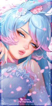 1girl absurdres animal_ear_fluff animal_ears bare_shoulders blue_eyes blue_flower blue_hair blue_nails breasts choker close-up closed_mouth commentary detached_sleeves dress english_commentary eyelashes falling_petals fingernails flower flower_on_head frilled_dress frills gradient_hair highres indie_virtual_youtuber large_breasts long_hair looking_at_viewer makeup multicolored_hair multicolored_nails parted_bangs patreon_username petals pink_choker pink_flower pink_hair pink_lips pink_nails pink_petals pink_streaks prywinko sharp_fingernails silvervale sleeveless sleeveless_dress solo streaked_hair two-tone_nails upper_body virtual_youtuber white_dress white_sleeves wolf_ears wolf_girl