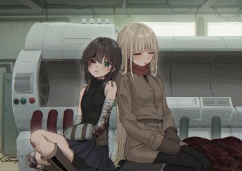 2girls absurdres bandaged_arm bandaged_knees bandages bare_shoulders black_boots black_pants black_shirt black_shorts blood bloody_bandages blue_skirt boots breasts brown_boots brown_hair brown_jacket brown_mittens closed_eyes commentary_request green_eyes highres indoors jacket long_hair mittens multiple_girls original pants parted_lips piripun pleated_skirt shirt shorts shorts_under_skirt sitting skirt sleeveless sleeveless_shirt small_breasts very_long_hair wariza