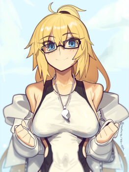 1girl bare_shoulders blonde_hair blue_eyes boa_(brianoa) breasts collarbone fate/grand_order fate_(series) glasses high_ponytail highres jacket jeanne_d'arc_(fate) jeanne_d'arc_(swimsuit_archer)_(second_ascension)_(fate) large_breasts long_hair looking_at_viewer one-piece_swimsuit ponytail revision smile solo swimsuit very_long_hair whistle whistle_around_neck white_jacket white_one-piece_swimsuit