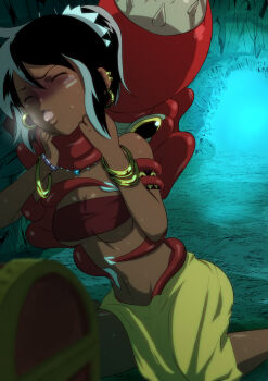 1girl absurdres atlus bandeau black_hair breasts closed_eyes dark-skinned_female dark_skin etrian_odyssey highres jewelry kneeling large_breasts legs midriff navel necklace octopus open_mouth ponytail pront-k sarong sega shilleka solo strangling sweat tentacles thighs tongue tongue_out treasure_chest tribal turn_pale underboob
