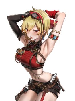 1girl absurdres arm_warmers armpit_focus armpits arms_up bad_anatomy black_shorts black_sleeves blonde_hair breasts commentary_request crop_top cropped_sweater detached_sleeves goggles goggles_on_head hairband hammer highres hololive hololive_indonesia hppu8734 kaela_kovalskia kaela_kovalskia_(4th_costume) presenting_own_armpit red_arm_warmers red_eyes red_hairband red_sweater short_shorts shorts single_arm_warmer single_detached_sleeve sleeveless sleeveless_sweater solo sweat sweater tool_belt virtual_youtuber