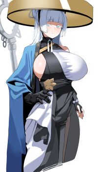 1girl absurdres blue_eyes blue_haori blunt_bangs breasts goddess_of_victory:_nikke hand_on_own_hip haori hat highres huge_breasts japanese_clothes jingasa mechanical_arms monk nayuta_(nikke) plentyofempty print_haori shakujou sideboob sidelocks single_mechanical_arm solo split-color_clothes staff thick_eyelashes unusually_open_eyes white_background white_hair