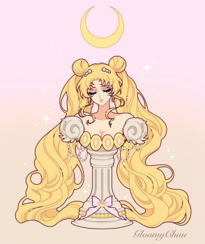 1girl bare_shoulders bishoujo_senshi_sailor_moon blonde_hair breasts cleavage crescent crescent_earrings double_bun dress earrings hair_bun hair_ornament highres jewelry long_hair mroczniak_(gloomy_chuu) necklace parted_bangs parted_lips pearl_necklace pedestal princess_serenity solo strapless strapless_dress tsukino_usagi twintails very_long_hair wavy_hair white_dress