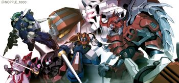 aoki_ryuusei_spt_layzner clenched_hand crossover daikengou daimaju_gekitou:_hagane_no_oni dann_of_thursday dual_wielding flying giant_robo giant_robo_(mecha) glowing glowing_eyes gun gunxsword hagane_(daimaju_gekitou:_hagane_no_oni) highres holding holding_gun holding_sword holding_weapon kuromukuro kuromukuro_(mecha) layzner matayoshi_(nopple_1000) mecha mecha_focus ninja_senshi_tobikage no_humans purple_eyes robot science_fiction super_robot sword tobikage uchuu_majin_daikengou weapon