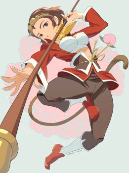 Rule 34 | 1girl, 2024, :o, aqua background, artist name, ascot, bo staff, breasts, brown eyes, brown hair, brown pants, cacn, capcom, chest sarashi, chinese clothes, circlet, collared shirt, commentary, covered erect nipples, dated, eyelashes, fingernails, food, fruit, haramaki, highres, holding, holding staff, long sleeves, looking at viewer, marvel vs. capcom, marvel vs. capcom 2, medium breasts, midriff, monkey girl, navel, open clothes, open mouth, open shirt, pants, peach, red shirt, red shoes, sarashi, shirt, shoes, short hair, simple background, socks, solo, sonson, staff, tomboy, white socks, xiangyun, yellow ascot